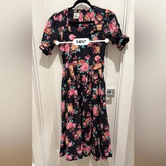 Laura Ashley prairie Floral black Dress with Pink and green Accents puff sleeve - Picture 11 of 13